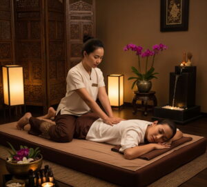 Eine thailändische Frau massiert eine andere Frau nach dem traditionellen Metta-Sati Prinzip, der Achtsamkeit und des Mitgefühls.