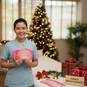 Ein thailändische Frau vor einem geschmückten Weihnachtsbaum präsentiert einen Massagegutschein von Kittys Thai Massage.
