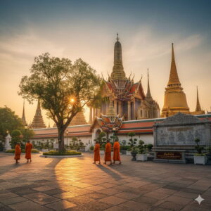 Der Tempel Wat Pho in Bangkok im Abendlicht.