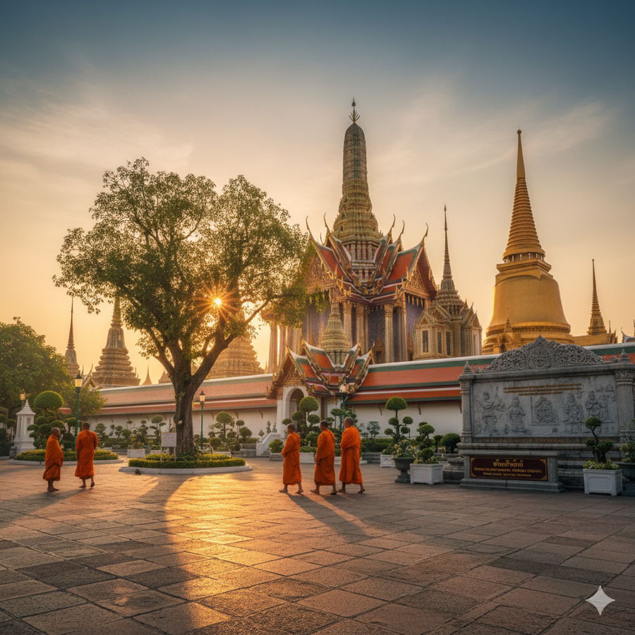 Der Tempel Wat Pho in Bangkok im Abendlicht.