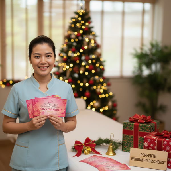 weihnachtsgutschein Eine asiatische Frau, die einen Weihnachtsgutschein für eine Massage vor einem erleuchteten Weihnachtsbaum präsentiert.